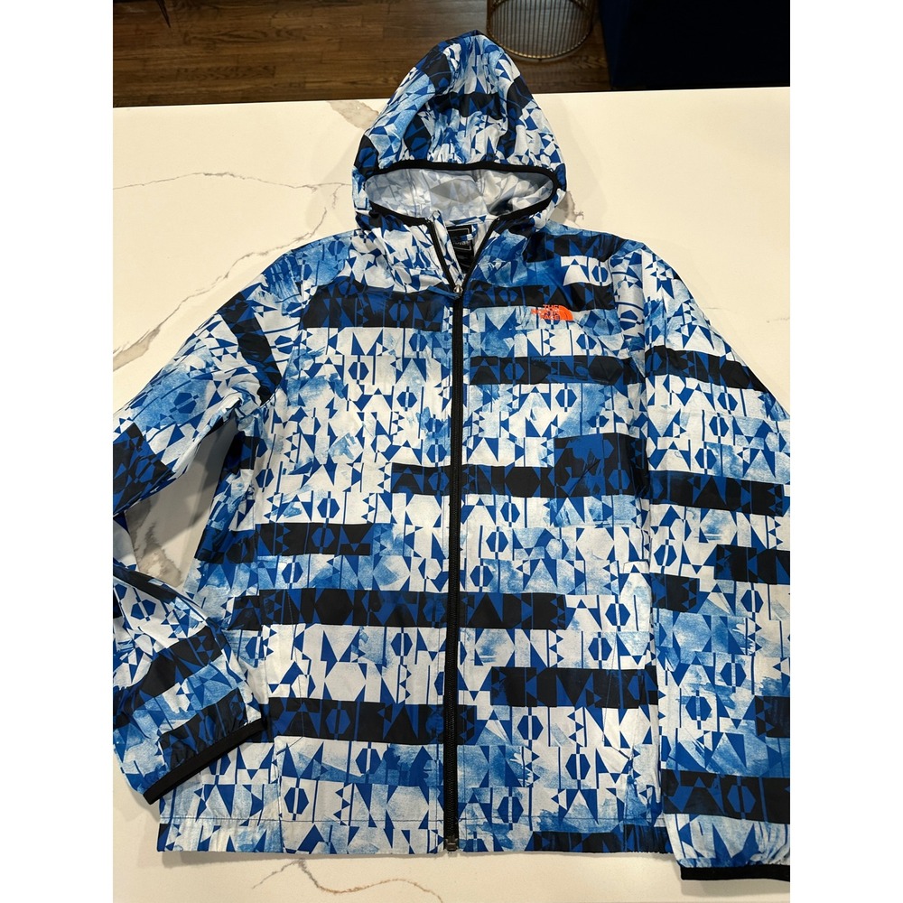 The North Face Boys XL 18/20 Blue Geometric Print Hooded Windbreaker Jacket